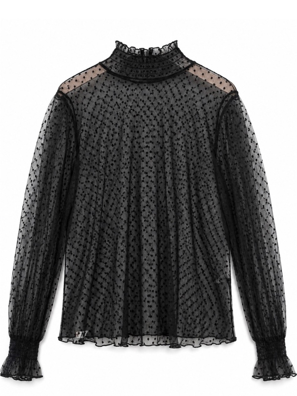 Brand New Sheer Dot Ruffle Neck Long Sleeve Top Black Small Size